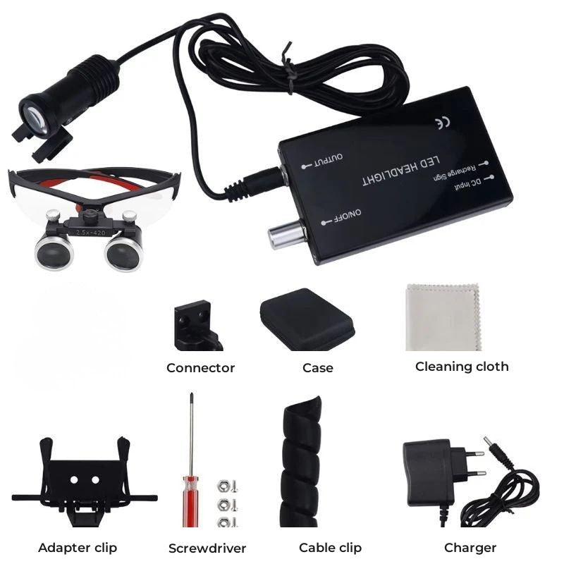 Essential Binocular Loupe with LED Headlight 2.5X / 3.5X - included accessories kit with charger case and adapter clip