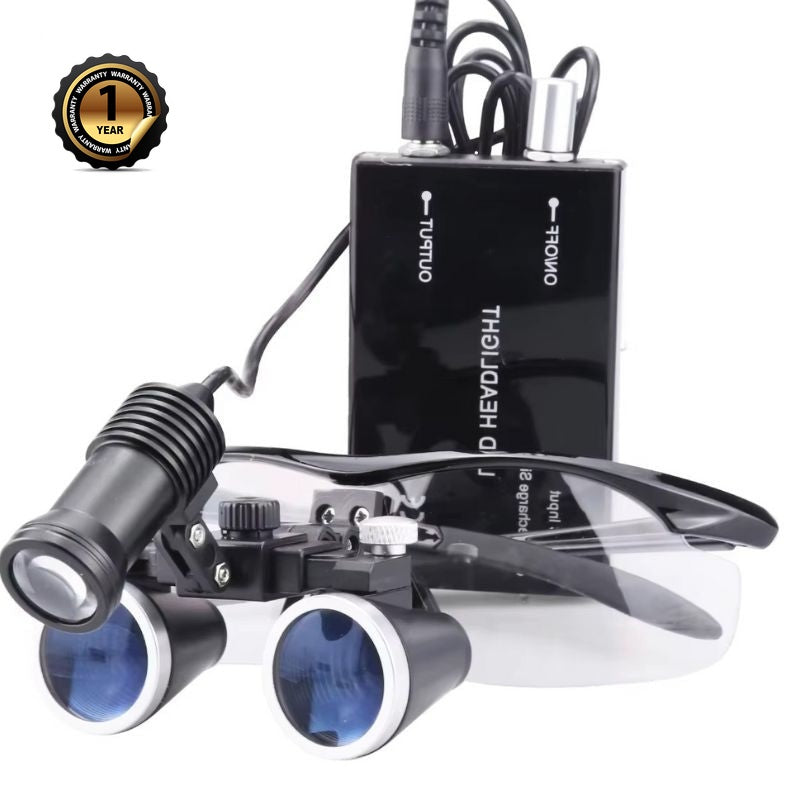 Essential Binocular Loupe with LED Headlight 2.5X / 3.5X - one year warranty badge and product view