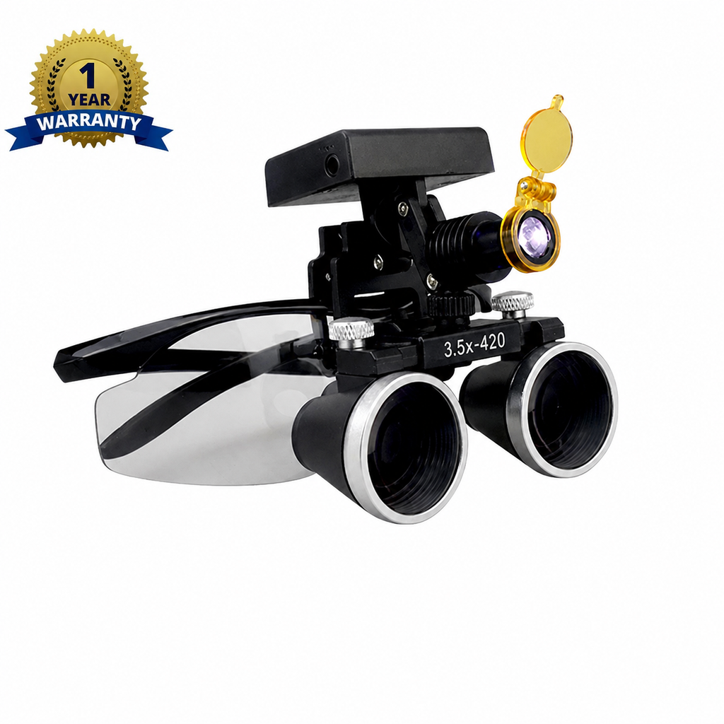 Unique Binocular Loupe with Wireless LED Headlight 2.5X / 3.5X - setup with prescription eyeglass frame adapter
